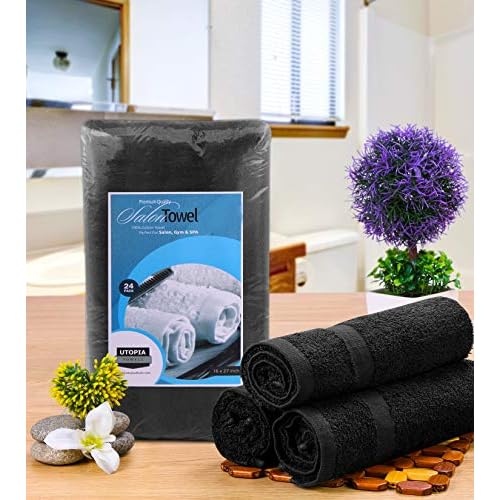 Utopia Towels, Salon Towel, Pack of 24, Not Bleach Proof, 16 by 27 Inches, Highly Absorbent Cotton Towels for Hand, Gym, Beauty, Spa, and Home Hair Care, Black
