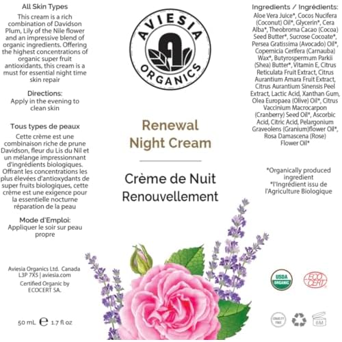 Aviesia Organics Renewal Night Cream - USDA Certified- NO Alcohol. NO Parabens. NO Artificial Fragrance. Deep Moisturizer for Hydrating.Repairing.Replumping .Perfect for dry skin (60ML)