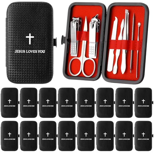 Yinkin 16 Pack Easter Christian Bulk Gifts Nail Clipper Set Jesus Loves You Manicure Set 8 in 1 Nail Pedicure Kit Basket Stuffers Fillers for Men Dad Husband Gifts Grooming Kits with Leather Case