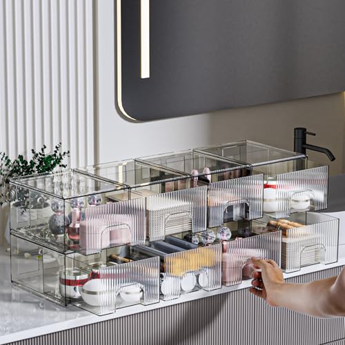 ZHIAI 8 Pack Clear Stackable Storage Drawer, Acrylic Drawer, Cosmetic Organizer, Plastic Organizer for Dresser, Under, Kitchen Cabinet, Pantry, Home Organization and Storage