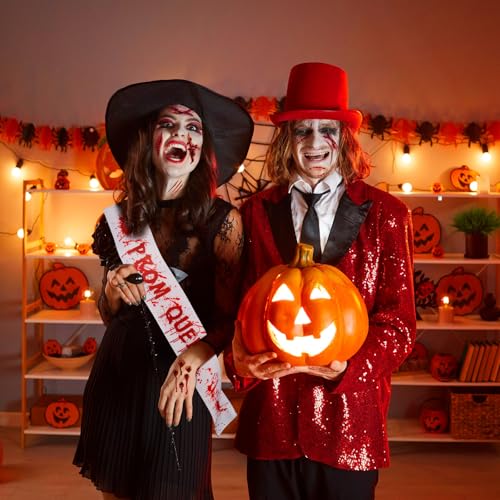 HOWAF 1pcs Halloween Zombie Prom Queen Sash with 10 Sheets Halloween Bloody Temporary Tattoos, Bloody Splattered Prom Queen Sash Fake Scar Body Tattoos for Hallows' Eve Party Zombie Costume Cosplay