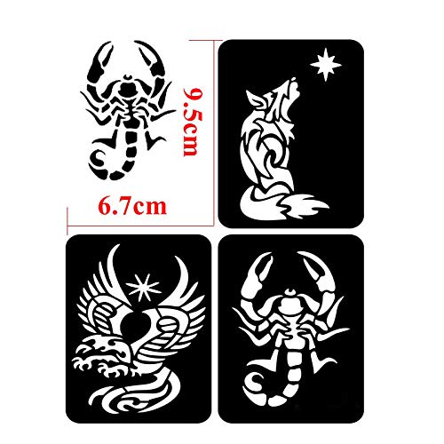 4 Sheets Temporary Tattoo Stencils, 32pcs Animal Patterns Henna Tattoo Stencil Kit Temporary Glitter Airbrush Tattoo Stencils Arabian Tattoo Stickers for Face Body Paint Art
