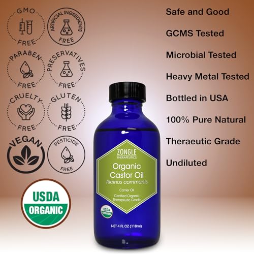 Organic, Castor Oil, Therapeutic Grade, for Constipation ? 100% Pure, Castor Oil, Cold Pressed, Unrefined, in Glass Bottle, for Face, Hair Growth, Eyelashes, by Zongle Therapeutics, 4 OZ