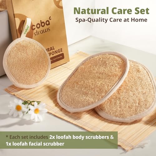Natural Loofah Exfoliating Body & Facial Scrubber Set | 100% Plant-Based Shower Luffa Sponge for Deep Cleansing, Smooth & Glowing Skin | Bath Loofah for Women & Men