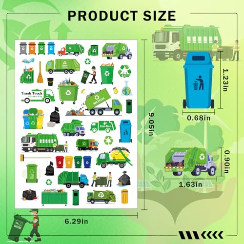 Garbage Trash Truck Temporary Tattoos - 8 Sheets 328 Pcs Trash Truck Birthday Decorations Green Recycling Rubbish Truck Party Favors Waste Management Tattoo Stickers for Kids Classroom Prizes Rewards
