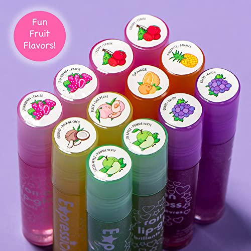 EXPRESSIONS 12pc Roll On Gloss Set Maribou Handle Carrying Case - Makeup Kids Teens Assorted Fruity Flavors Non Toxic Friendly Supplies