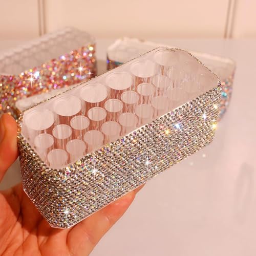 Bling Acrylic 26-Slot Makeup Brush and Pen Organizer Display Stand for Eyebrow Pencils, Ballpoint Pens, Eyeliners, and More(Silver)