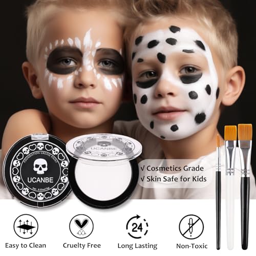 UCANBE Black White Face Body Paint with Painting Brush Kit, Cream-to-Powder Goth White Foundation + Black Greasepaint for Kids & Adult Halloween, SFX Makeup Set for Clown Skull Mime Cosplay & Costume