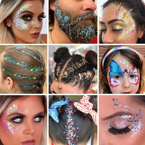 Body Glitter Stick,Sparkling Face Hair Glitter Makeup for Women,Waterproof Hair Glitter,Singer Concert Festival Rave Halloween Accessories,Mermaid Sequins Face Paint Gel Kit (Red Blue Silver)