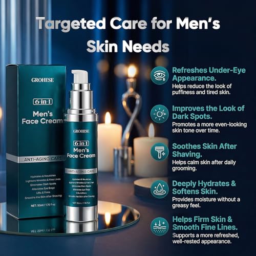 6 in 1 Face Cream for Men, 6 in 1 Mens Face Moisturizer with Collagen, Hyaluronic Acid and Shea Butter, 1.76 fl oz