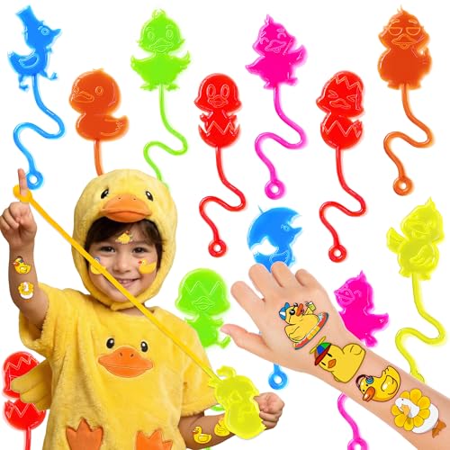 48 PCS Duck Party Favors - 24PCS Temporary Tattoos & 24PCS Stick Hands - Perfect Birthday Favors, Goodie Bag Stuffers, Treasure Box Toys, Classroom Prizes, and Student Gifts