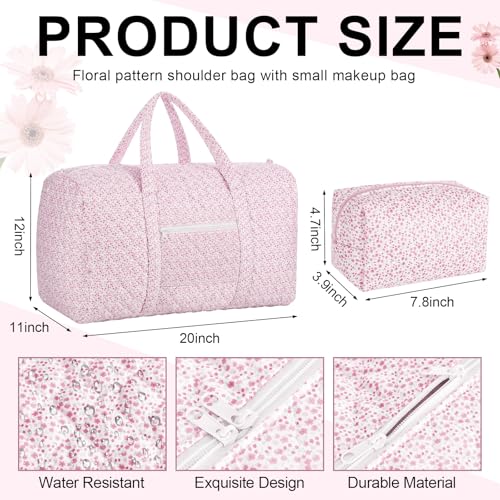 2 Pack Floral Travel Duffel Bag Large Quilted Travel Duffle Bag and Floral Makeup Pouch Portable Gym Lightweight Weekender Organizer with Zipper Pockets Grocery Pouch for Women(Pink)