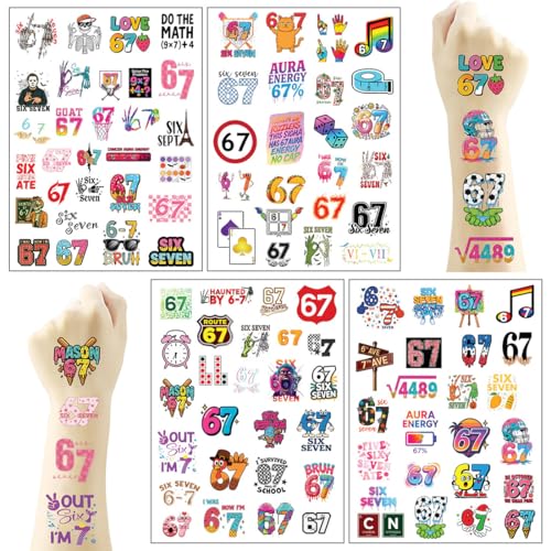 102Pcs 6 7 Meme Temporary Tattoos, Funny Number Six Seven Tattoo Stickers Waterproof Party Favors Decoration Supplies