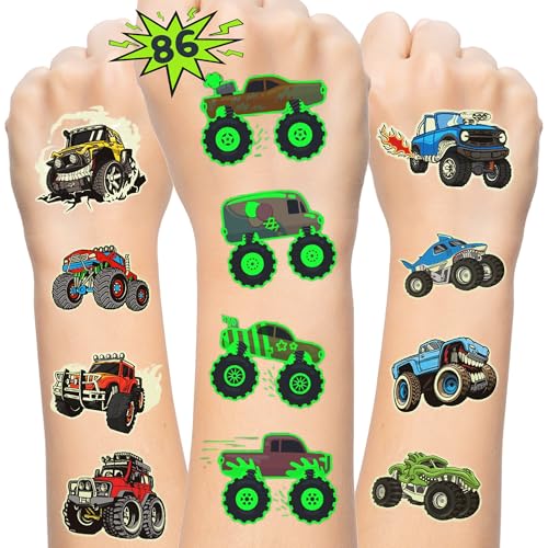 86 Pcs Monster Truck Car Temporary Tattoos for Teen Boys Gift Ideas, 12 Sheet Glow in The Dark Fake Tattoo Stickers Set, Cute Birthday Party Favors, Decoration Supplies & Rewards