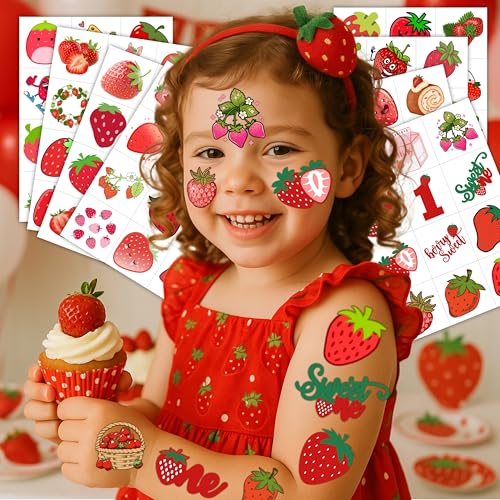Strawberry Temporary Tattoos Berry First Birthday Party Supplies Decorations 96PCS Cute Tattoos Stickers Party Favors Kids Gifts Girls Boys Classroom School Prizes Themed (Normal)