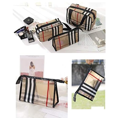 PVC Stripe Cosmetic Bag Waterproof Zipper Makeup Bag Multifunctional Large Capacity Mesh Bathroom Travel Storage Portable Bag Easy to Organize for Women Girl Khaki