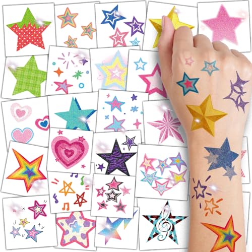 Glitter Stars Temporary Tattoos for Kids - 74 Individually Sheets | Waterproof & Easy Peel | Perfect for Kids Birthday Party Favors, School Rewards