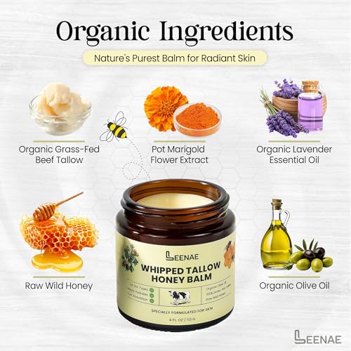 LEENAE Whipped Beef Tallow Moisturizer with Honey ? Grass Fed Tallow Face & Body Balm, Unscented Natural Skin Cream with Olive Oil, 4 oz