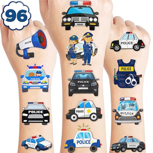 107 PCS Police Car Temporary Tattoos Themed Birthday Party Decorations Favors Supplies D?cor Cute Cop Officer Policeman Blue Tattoo Stickers Gifts For Boys Girls Class Prizes Rewards Cartoon Carnival