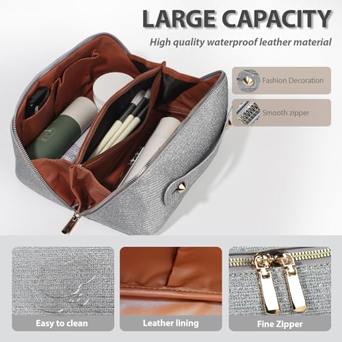 Large Capacity Travel Cosmetic Bag - Portable Makeup Bags for Women Waterproof Makeup Organizer Bags with Dividers and Handle,Toiletry Bag for Cosmetics Silver
