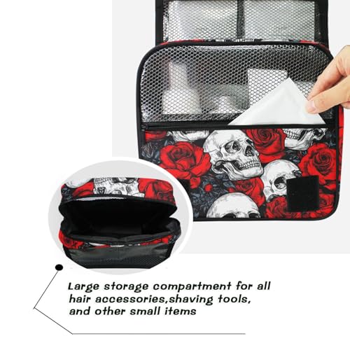 Hanging Toiletry Bag for Women Red Rose Flower Skull Makeup Bag Travel Essentials Toiletries Organizer Bag Floral Skeleton Cosmetic Bag Foldable