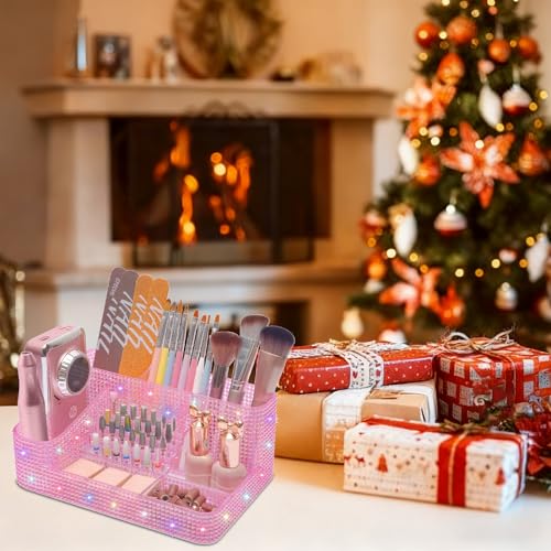 ANRUI Nail Drill Bit Holder, 28 Holes Plastic Nail Drill Machine & Bits Storage Case, Professional Nail Desk Organizer for Manicure Tools Gift for Women and Girls- Diamond Pink