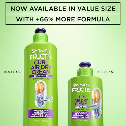 Garnier Fructis Curl Nourish Air Dry Cream XL Leave In Conditioner, Curl Defining Cream with Moisture and Frizz Control For All Curly Hair Types, Made with Vegan Protein & Coconut Oil, 16.9 Fl Oz