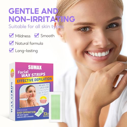 Sumax Wax Strips for Body Hair Removal, 72 Pieces Natural Beeswax Essence and Jojoba Seed Oil Hair Removal Strips for Face, Underarms, Bikini, Legs - Includes 4 Calming Oil Wipes