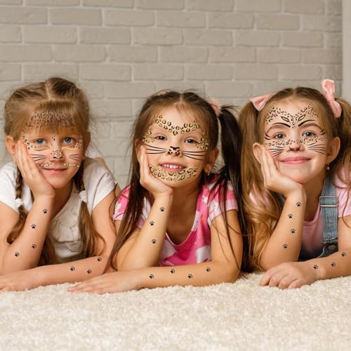 7 Sheets Leopard Face Tattoo Stickers Glitter Cheetah Print Temporary Tattoos Women Body Makeup Accessories for Halloween Costume Party