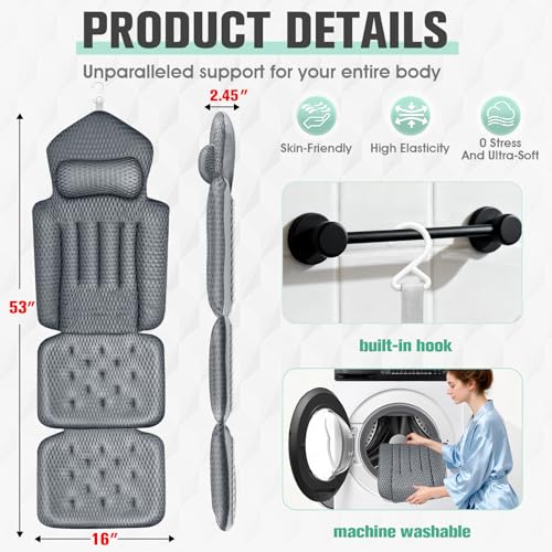 Upgraded Full Body Bath Pillow for Bathtub,Luxury Thick Bath Cushion for Soaking Tub with 192 Suction Cups,Full Body Bathtub Pillows for Head and Neck Shoulder Support,4D Air Mesh, 53" x 16" Dark Gray