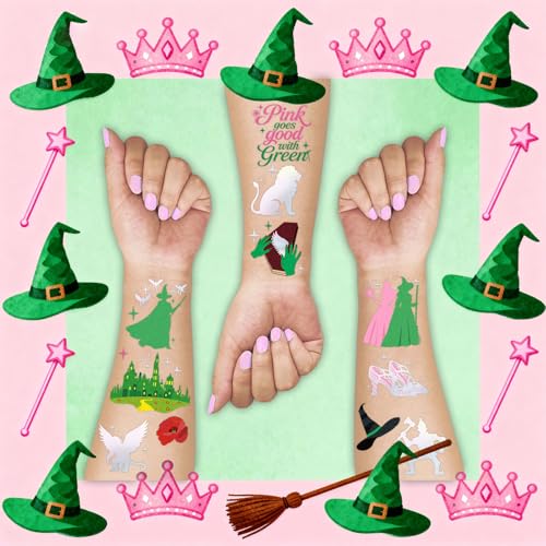 Witch Temporary Tattoos - Pink + Green 84 Pieces Foil Iridescent Design, For Good Wizard Party Favors, Birthday Witch Accessory, Kids Witch Themed Party Decorations, Party Favors