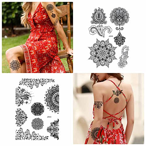 Temporary Tattoos for Women 6 Pack Henna Tattoo Stickers for Adults Women & Girls Metallic Black Lace Body Art Large Big Arm