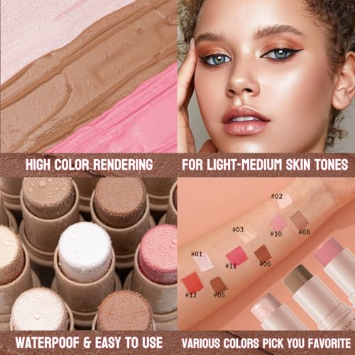 3Pcs Cream Contour Sticks Kit, Highlighter Stick Blush Stick Cream Contour Kit Makeup Set with Brush,Face Brightens & Shades Contour Stick Waterproof for Women