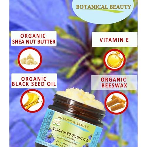 Botanical Beauty BLACK SEED OIL BUTTER 100% Natural Pure Virgin Unrefined Raw for FACE, SKIN, BODY, HAIR, NAILS, DRY SKIN. Organic Black Seed Oil, Shea Nut Butter, Vitamin E, Beeswax. 4 Fl oz 120 ml