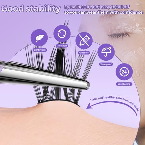 Press On Lashes Self Adhesive Lash Extensions Glue Free False Eyelashes 10-16mm Natural Look Individual Clusters, No Glue Needed Reusable Lashes for Daily & Party(S model)