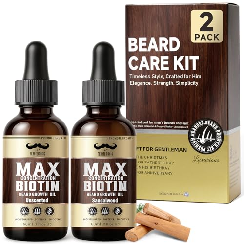 Biotin Beard Oil for Men Set ? 2 Pack Unscented & Sandalwood Beard Oil Blended with Castor & Grape Seed Oil for Thicker, Softer, Moisturizing Beard ? Gift for Father, Husband, Boyfriend ? 4 oz
