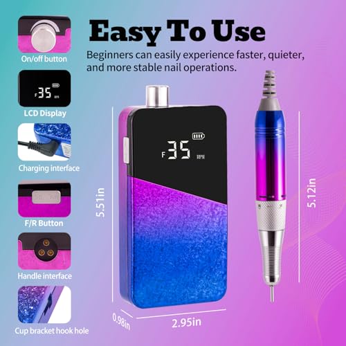 Electric Nail Drill Machine 35000RPM Professional Portable Nail File Cordless Rechargeable Nail Efile for Acrylic Gel Nails Manicure Pedicure Polishing Shape Tools for Salon Home Use Nail Drill(Blue)
