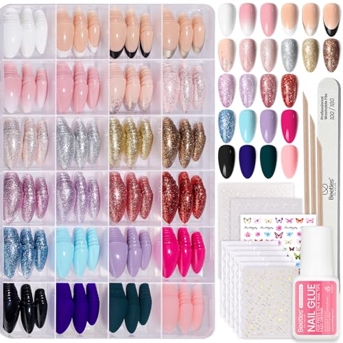 Beetles Press on Nails Kit 720Pcs 24 Colors, Short Almond Press on Nails Glossy Matte Glitter With Nail Glue & Nail Tabs Stickers, Natural Fit Lightweight Fake Nails Kit Art For Women Girls
