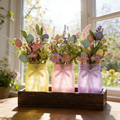 3 Pack Easter Mason Jar Floral Table Centerpiece Tiered Tray Decor with Wood Tray Artificial Easter Egg and Spring Daisy Flowers Plants for Farmhouse Home Kitchen Bathroom Decor