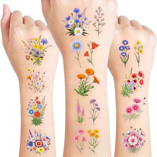96PCS Wildflower Temporary Tattoos Stickers - Bouquets Flower Themed Birthday Party Favors Floral Birthday Party Decorations Supplies Accessories Gift For Kids Teen Girl Women Classroom Prizes Rewards