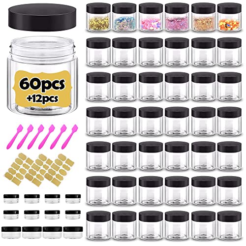 2 oz Plastic Containers with Lids 60pcs Plastic Jars with Lids + 3/5/10 Gram 12pcs Sample Containers Travel Jar? Great for Lip Scrub,Body Butters,Cream,Lotion Labels & Spatulas (72 Pack)