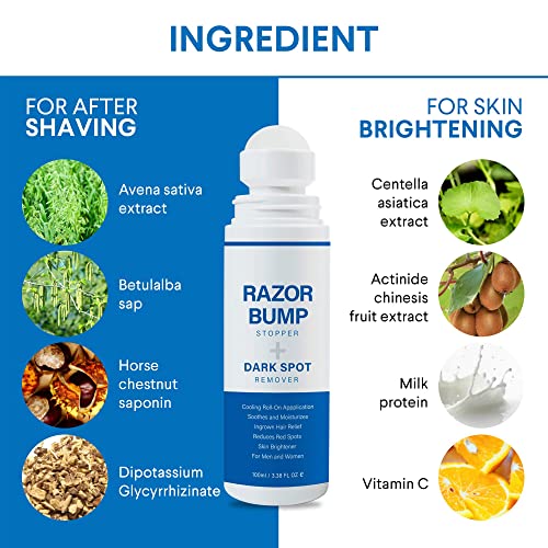 Razor Bump Stopper with Ingrown Hair Treatment: Razor Bumps Treatment for Men and Women, After Shave Solution for Ingrown Hairs and Razor Burns, Roll on Applicator - 3.38 Fl Oz
