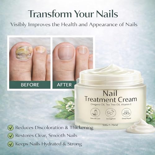 Nail Treatment Cream, Nail Repair Cream for Damaged, Cracked, Thin Nails, with Tea Tree Oil, Oregano Oil, Vitamin E, Improves Nail Appearance, Nail Strengthener & Growth, 50G/1.76OZ