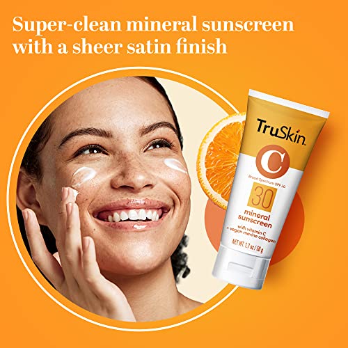 TruSkin Mineral Sunscreen SPF 30 for Face - Zinc Oxide Broad Spectrum Protection with Squalane, Vitamin C & Marine Collagen - Reef-Safe Mineral Face Sunscreen for Sensitive Skin, 1.7 fl oz