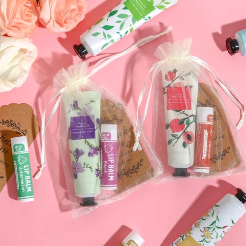 AZEN 60 Sets Bulk Gifts, Hand Cream and Lip Balm Bulk Set with Organza Bag Thank You Card, Baby Shower Wedding Gifts for Guests, Bridal Wedding Favors