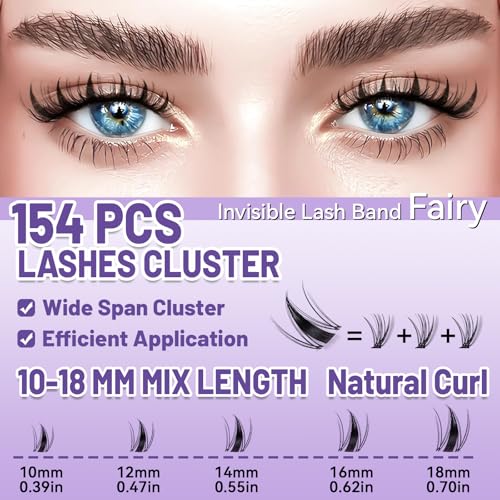 Lash Extension Kit - 10-18mm Invisible Transparent Band Lashes with Bond&Seal & Remover and Tweezers for Easy Self-Application, Natural Wispy Cluster Extensions (D-Mix10-18mm kit)