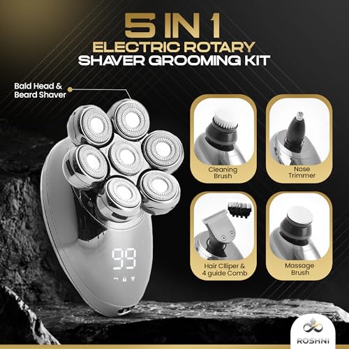 ROSHNI Head Shavers for Bald Men ? 7D Electric Head Shaver with Magnetic Detachable Head, IPX7 Waterproof Wet & Dry, LED Display Rechargeable Razor for Men, Cordless Grooming Kit