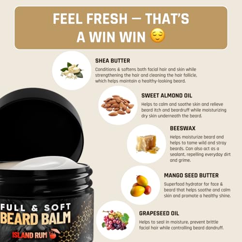 Derm Dude Full and Soft Beard Balm for Men ? Conditioning Balm with Natural Oils for Growth, Softness & Styling ? Tames Frizz, Hydrates Skin ? Non-Greasy - Island Rum, 2oz