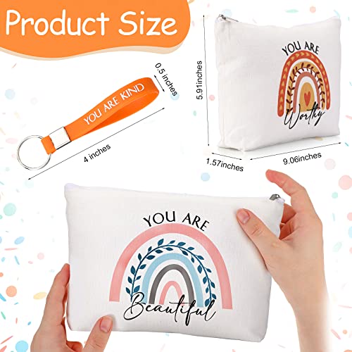 Fumete 60 Pcs Inspirational Gifts Bulk for Women Employee Appreciation 30 Inspirational Rainbow Canvas Makeup Bag 30 Motivational Keychains Thank You Gifts Bulk for Administrative Secretary Volunteer