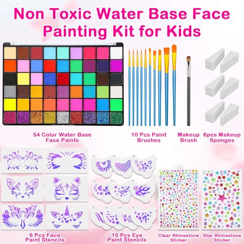 Professional Face Painting Kit for Kids and Adults ? 54 Color Water Activated Cosplay Makeup Kit, Non-Toxic Body Paint with Stencils, Gems, Brushes? for Halloween FX, Bday Parties, School Event